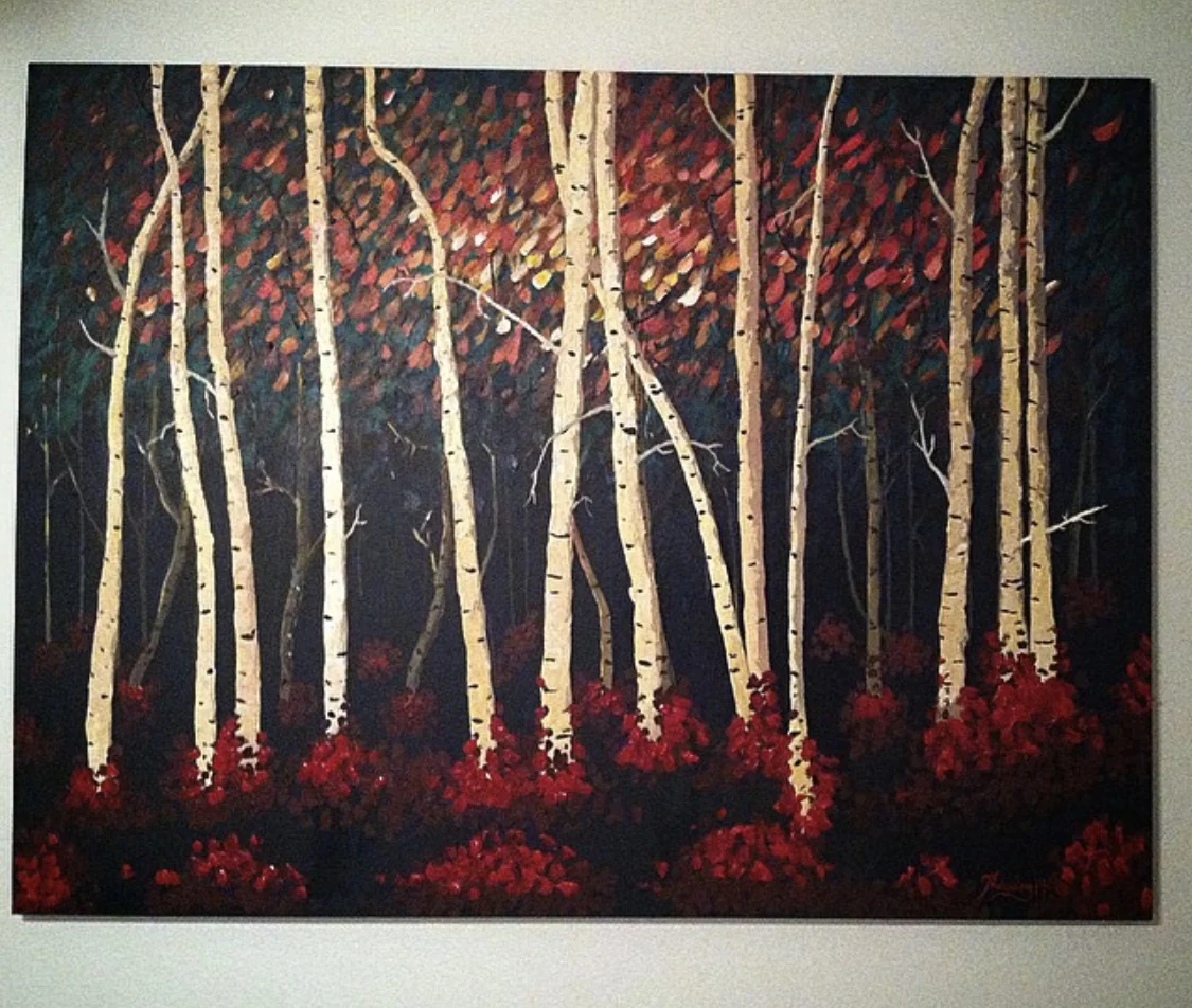 Ember Grove, acrylic painting of pale trees and deep red autumn foliage