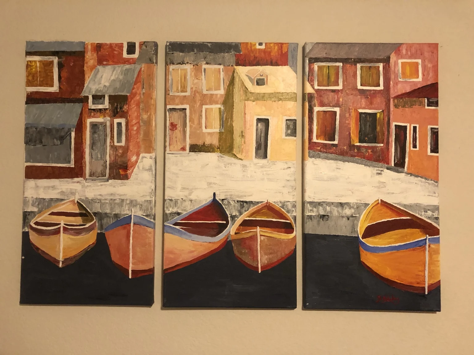 Harbor Study, three-panel acrylic painting of boats and waterfront buildings
