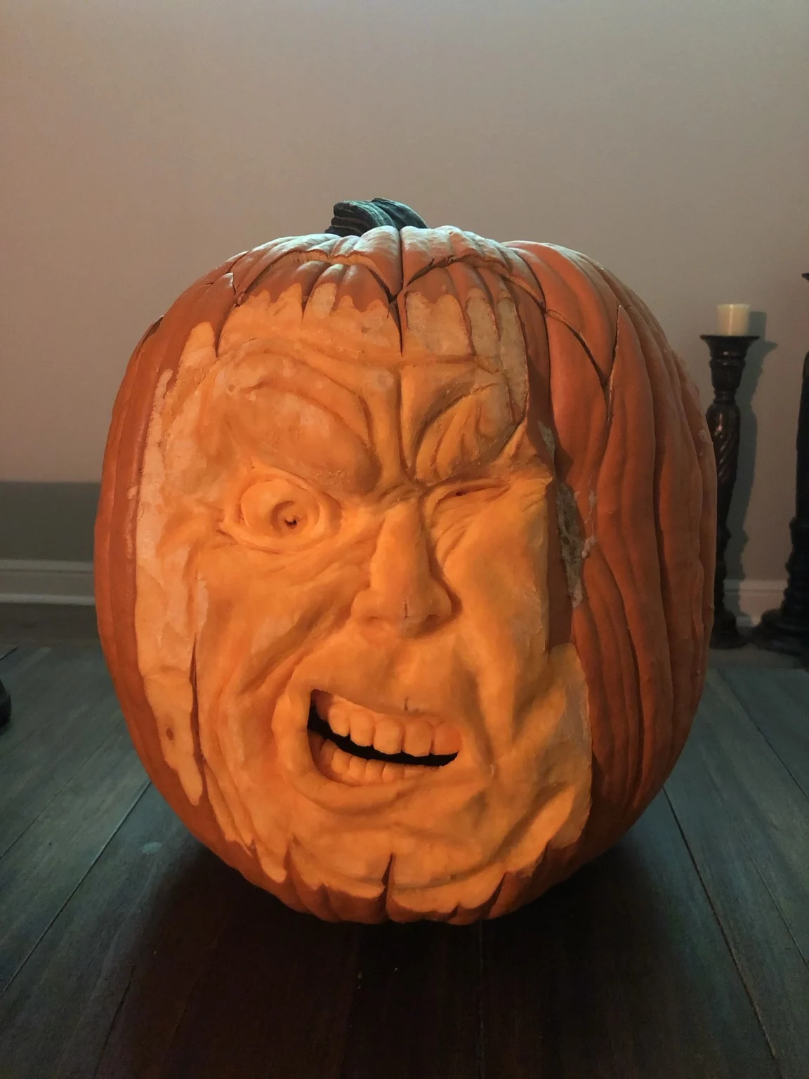 Expressive carved pumpkin portrait